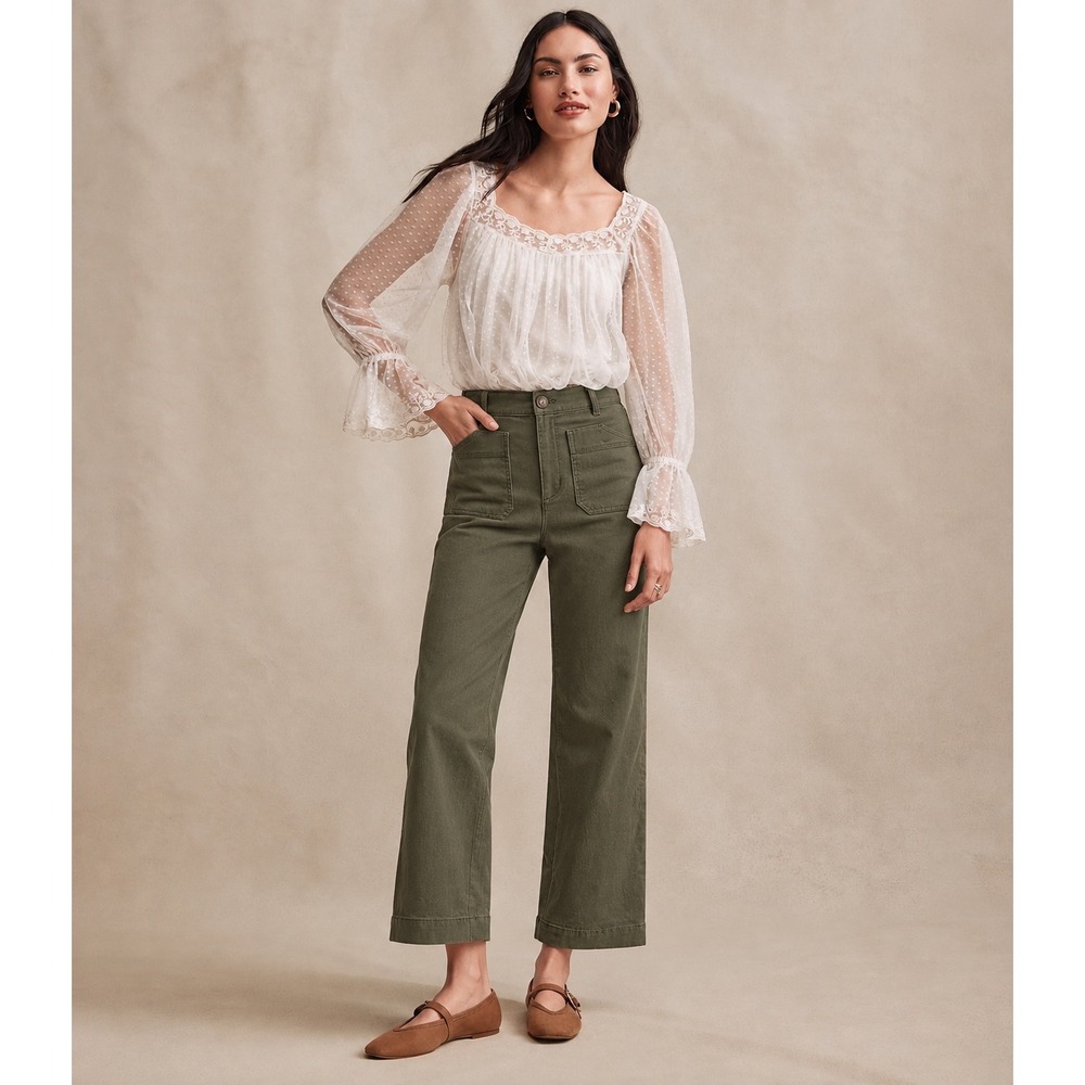 LOFT Palmer Wide Leg Pants Women 6 Olive Green Ankle Patch Pocket Utility Core